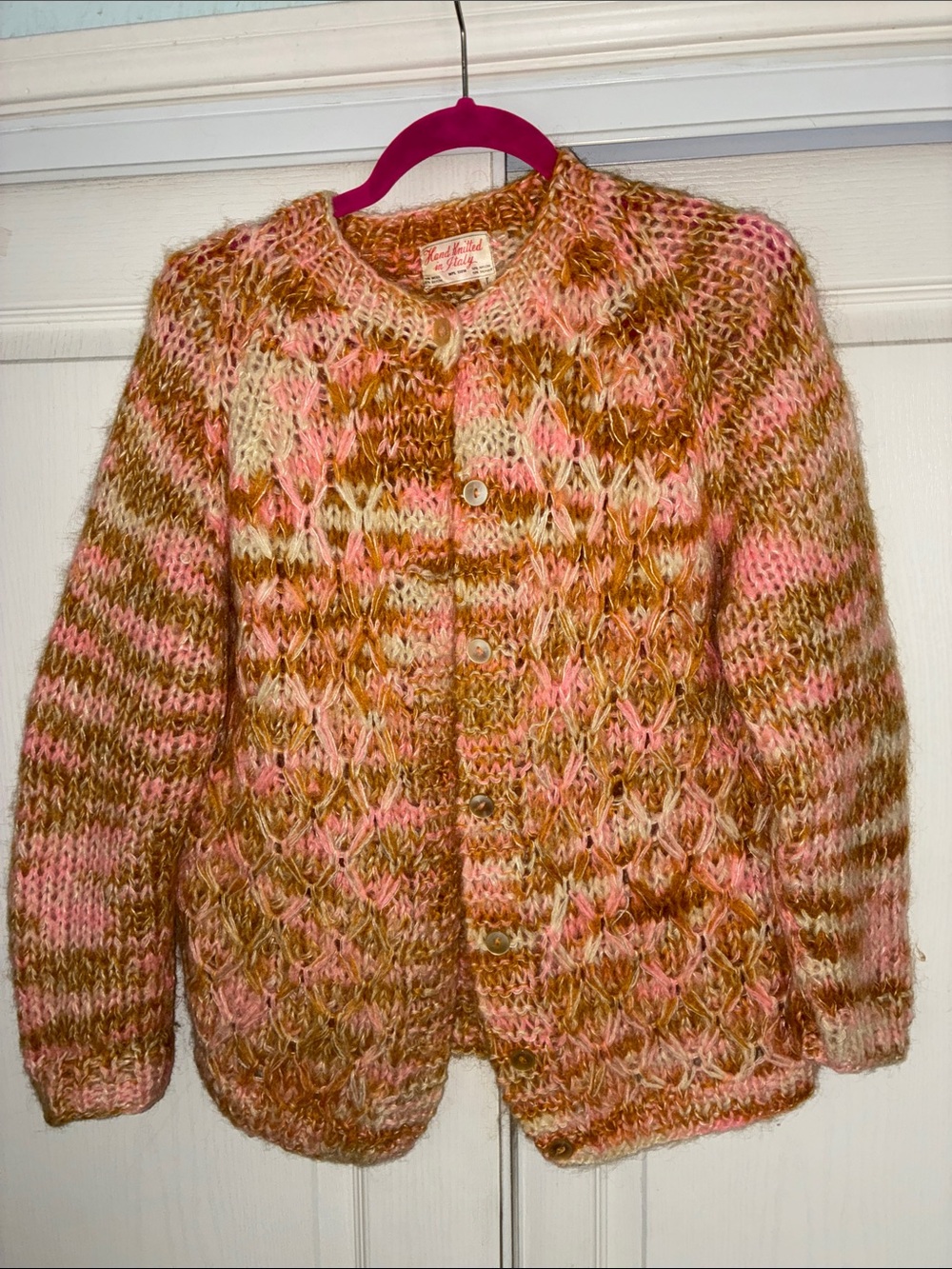 Handmade Mustard/Pink & Cream Hand Knit Cardigan Sweater